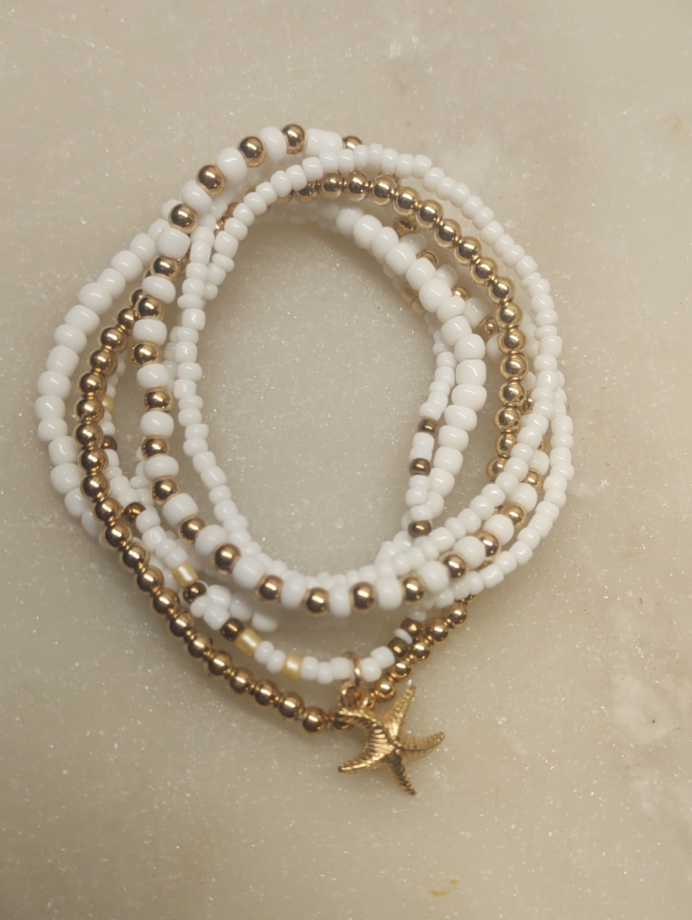 BOGO! NEW! Set Of 6 Beaded Stretch Bracelets White And Gold Stackable